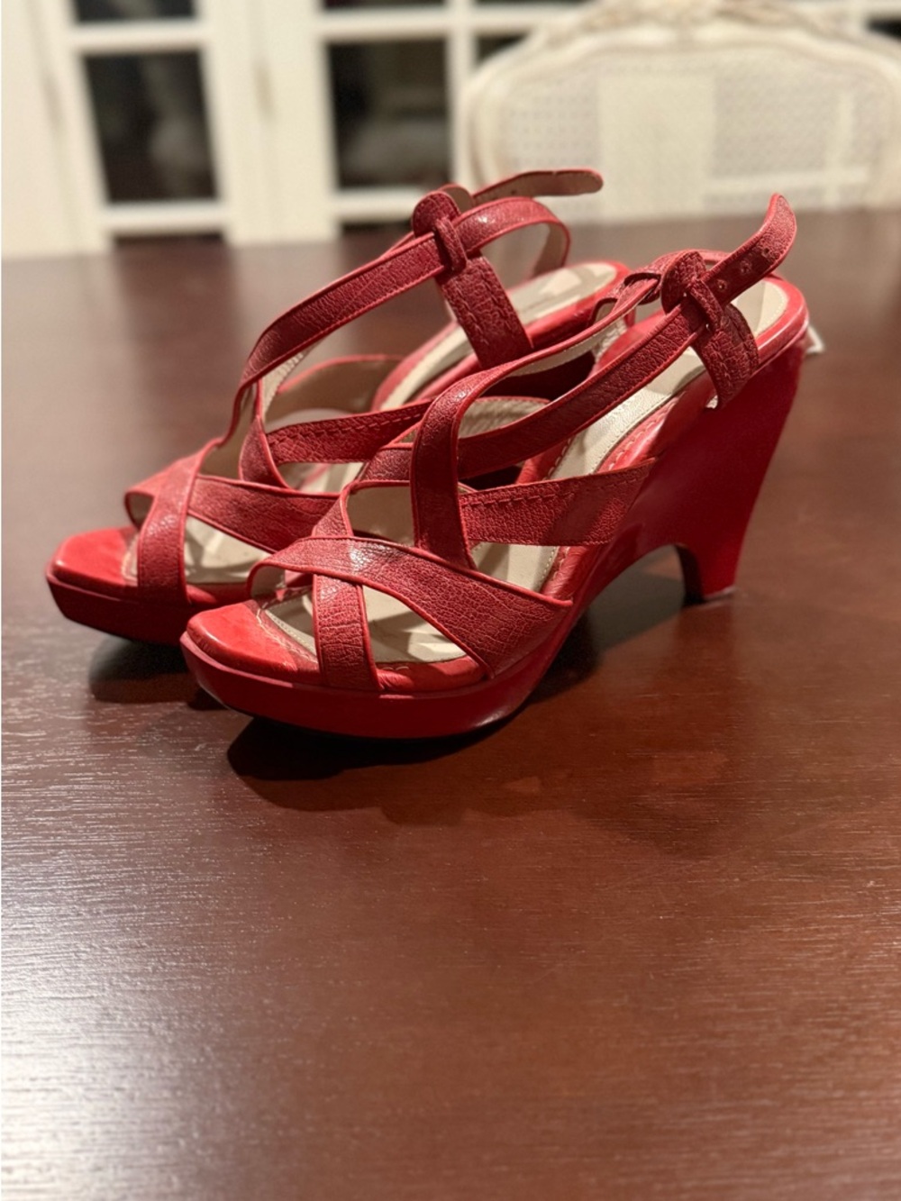 CNC Costume National Red Crisscross Wedge Sandals